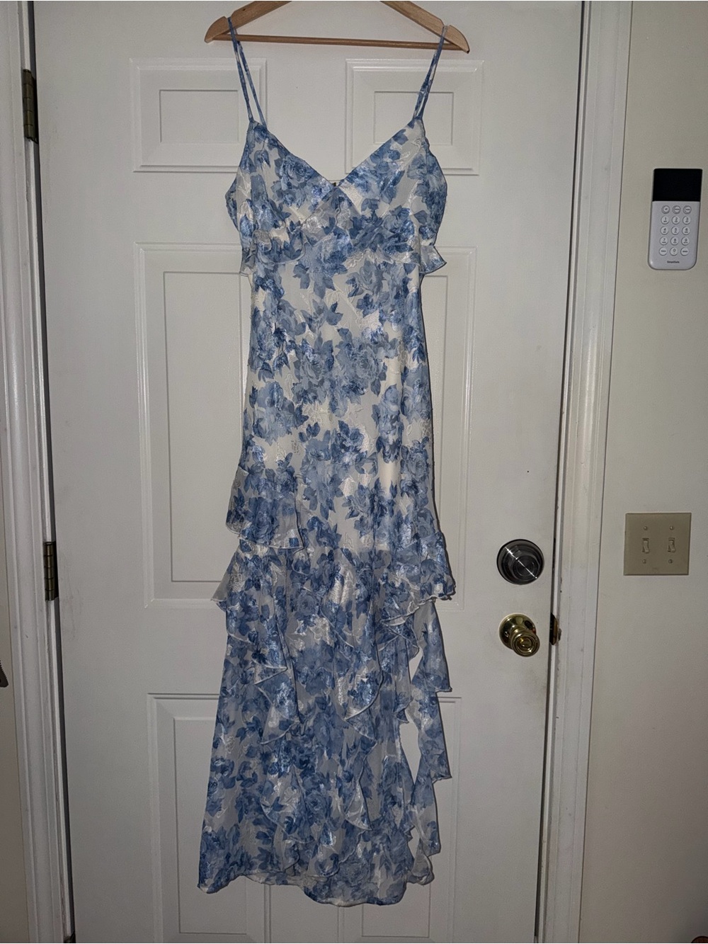 Aratta Silent Journey Blue Floral Asymmetrical Slit‎ Ruffled Slip Dress. Sz XL